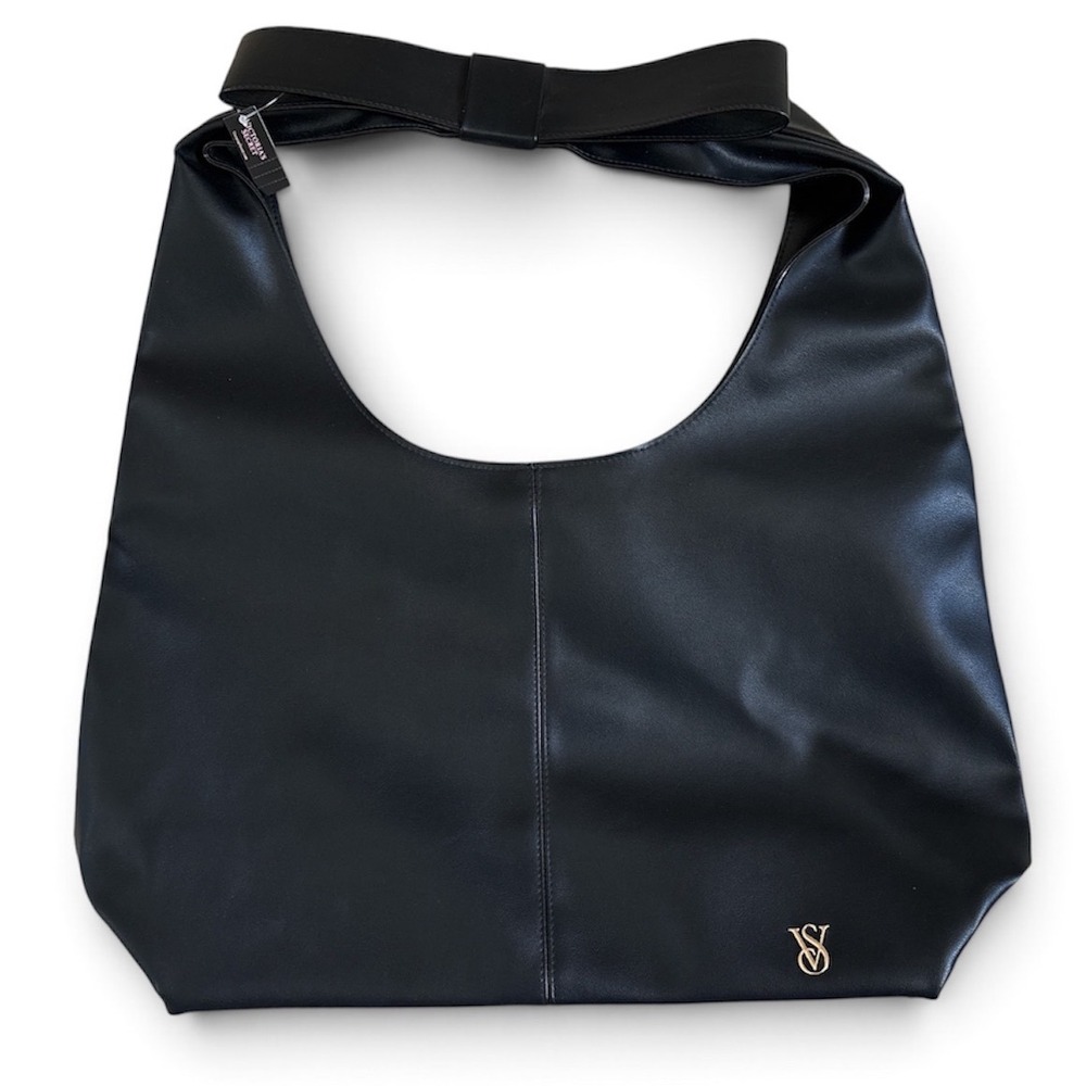 Victoria's Secret Black Faux Leather Hobo Shoulder Bag Gold Logo 11274963 NWT